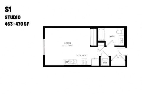 Floor plan for studio, 1 bath, 470 sqft